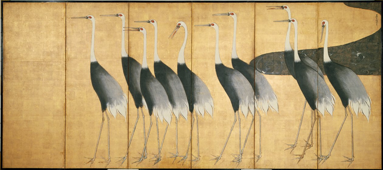 鶴、江戸時代を描いた6パネルの画面（インク、色、紙に金と銀） 作： 尾形光琳