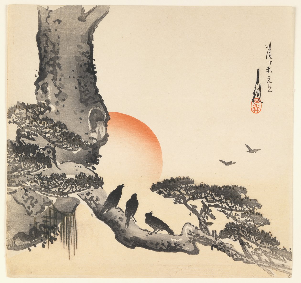 明治時代の木の幹のカラス、1890〜1910年頃（木版画） 作： 尾形月光