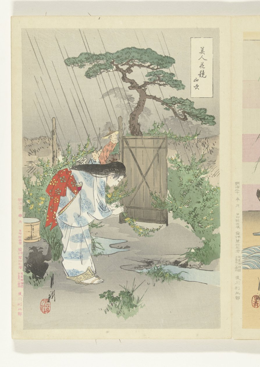 山吹の茂みにかがむ女性 山吹 美人と花の対比（連載タイトル） 美人花くらべ 作： 尾形月光