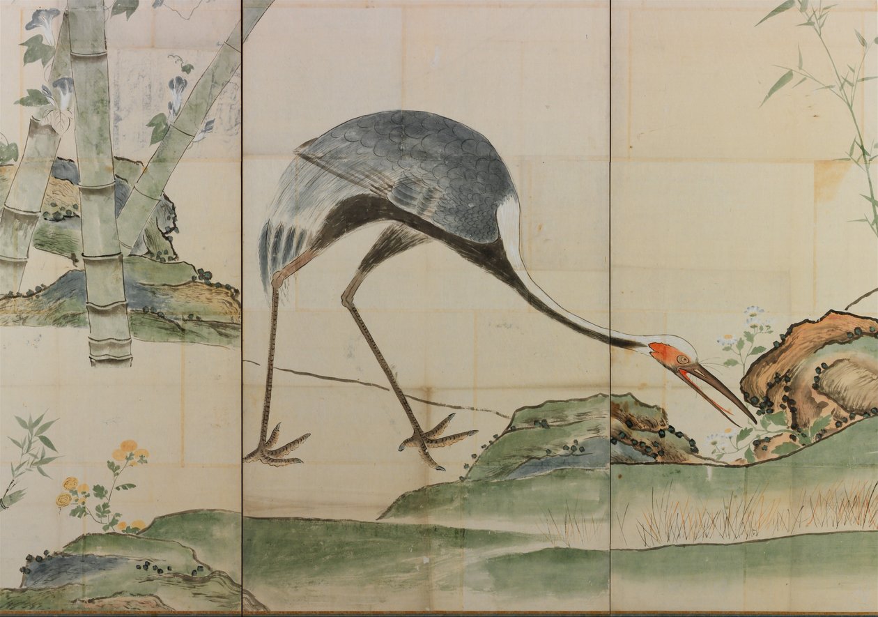 鶴、松、竹、17世紀、屏風（紙にインクと明るい色）のペア
