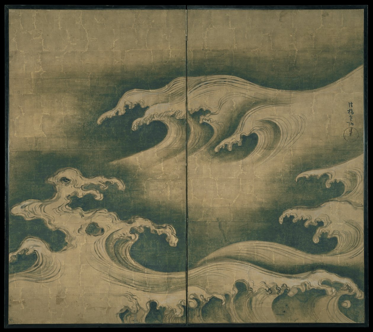 Rough Waves、2パネルのフォールディングスクリーン、c.1704-9（紙にインク、カラー、金箔） 作： 尾形光琳