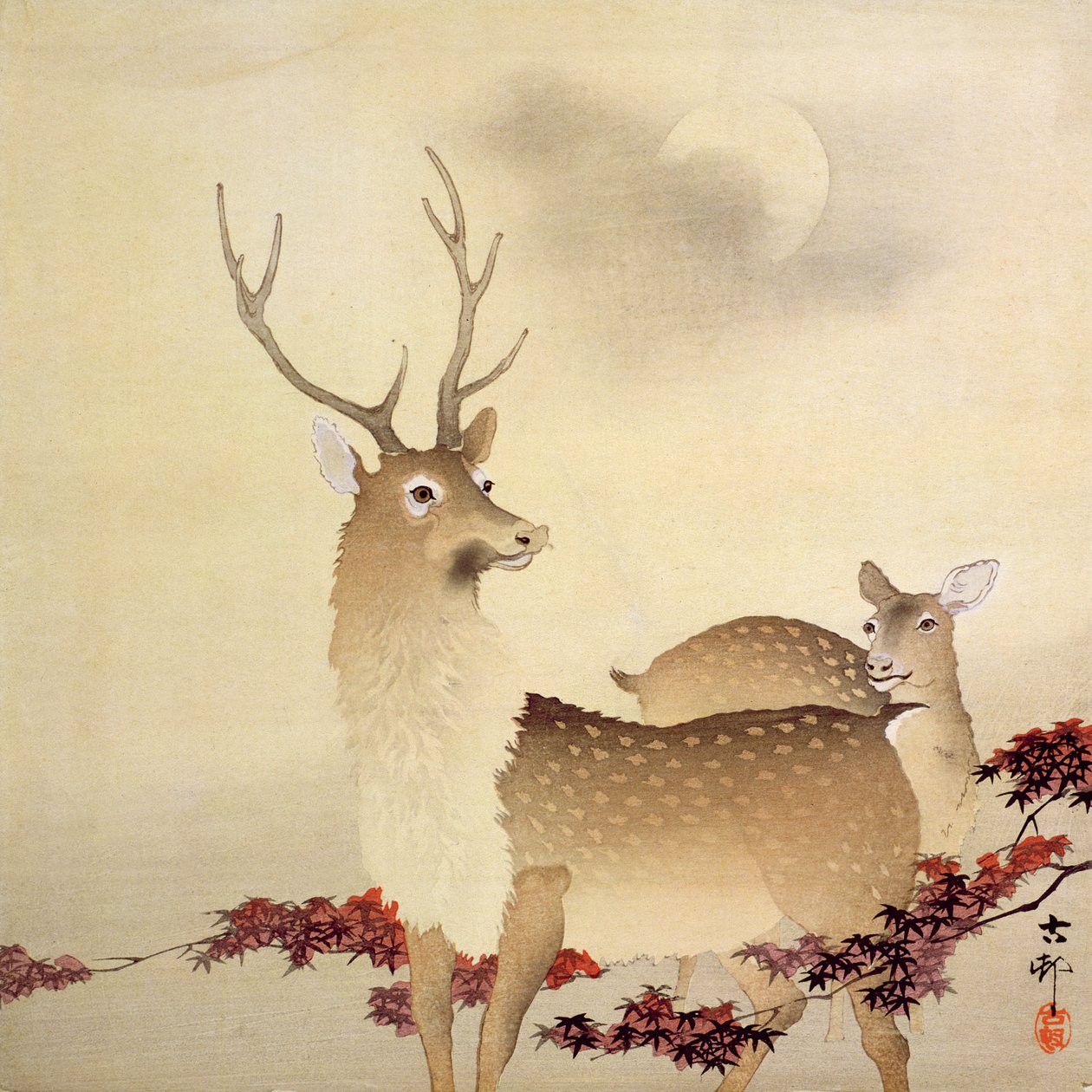 クワガタとその月の下の若者、c.1930（色木版画） 作： 大原光子