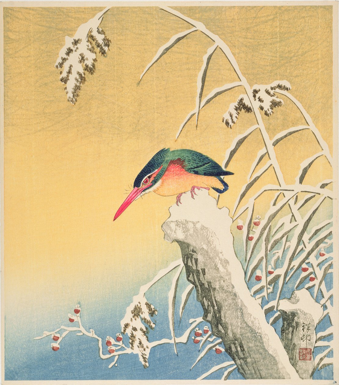 雪の中のカワセミ、1935年（色木版画） 作： 大原光子