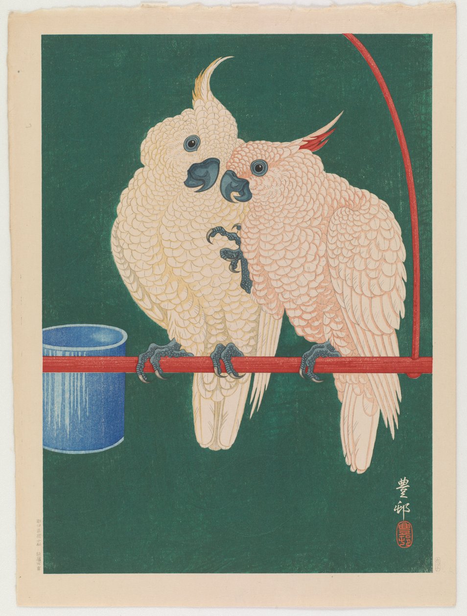 白いオウムのペア、1930年頃（色木版画） 作： 大原光子