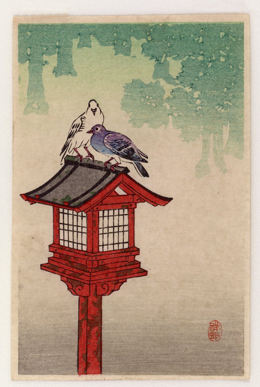 専用ランタン上のハト（色木版画） 作： 大原光子