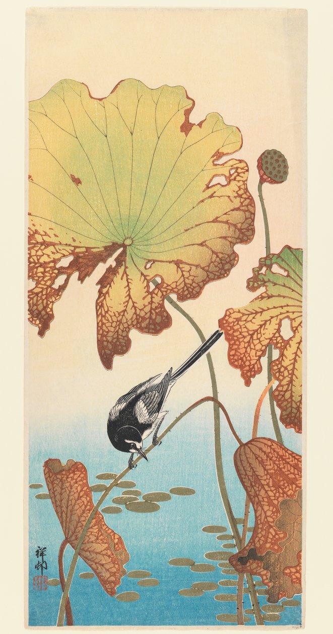 セキレイとロータス、1915年頃（木版画） 作： 大原光子