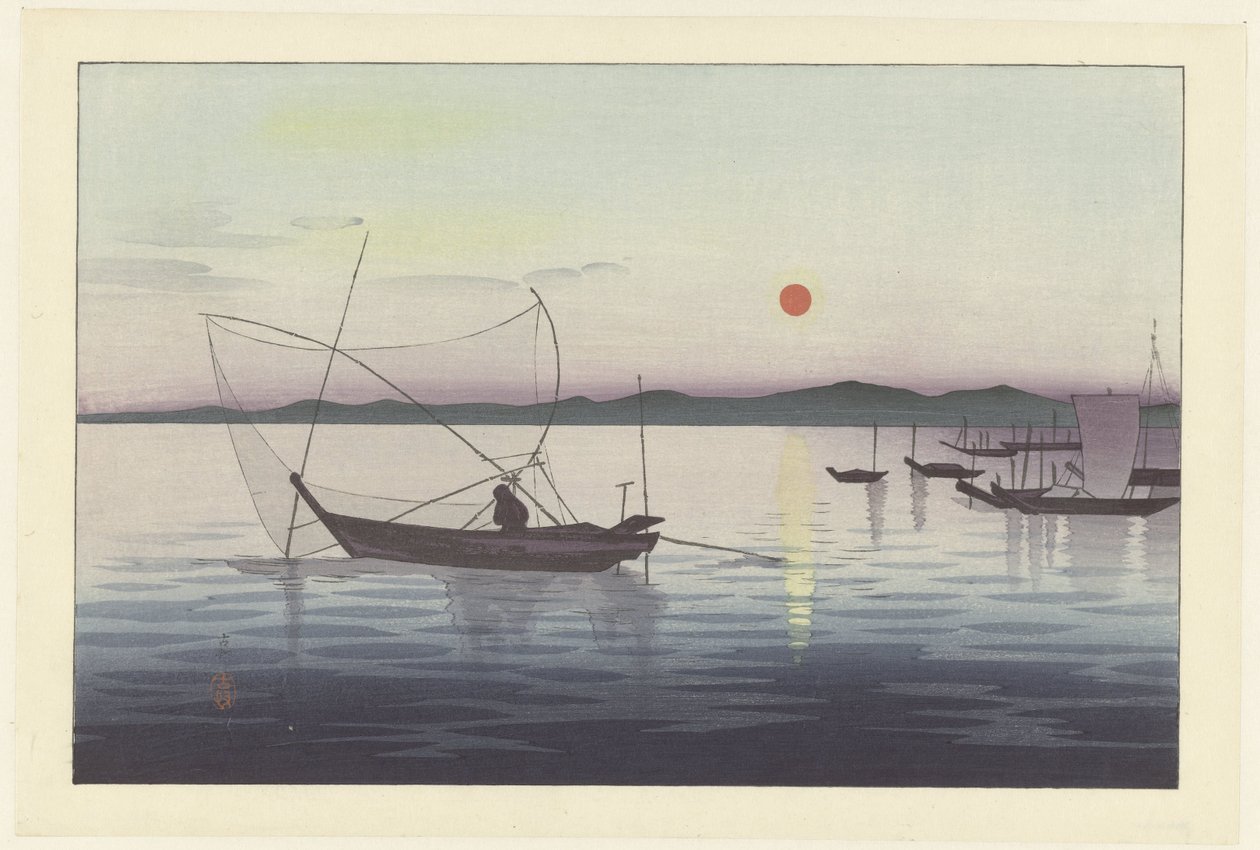ボートと夕日。 作： 大原光子