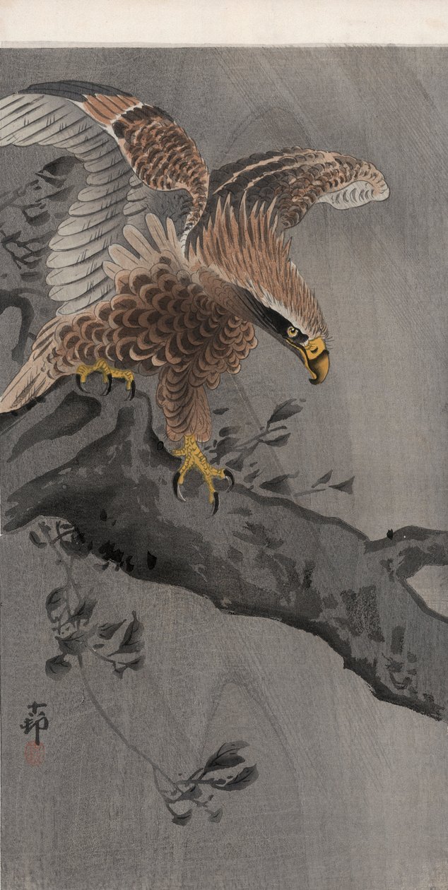 木の幹に翼を広げた鷲（カラー木版画 作： 大原光子