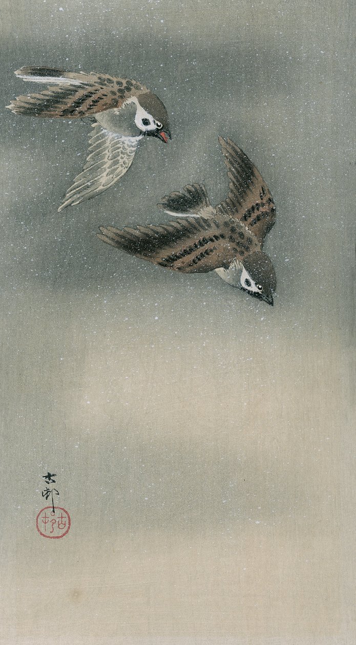 飛翔するスズメたち（カラー木版画 作： 大原光子