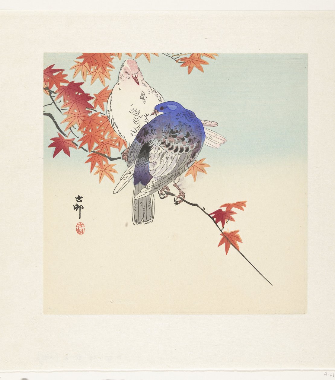 紅葉した枝の上の二羽の鳩 作： 大原光子