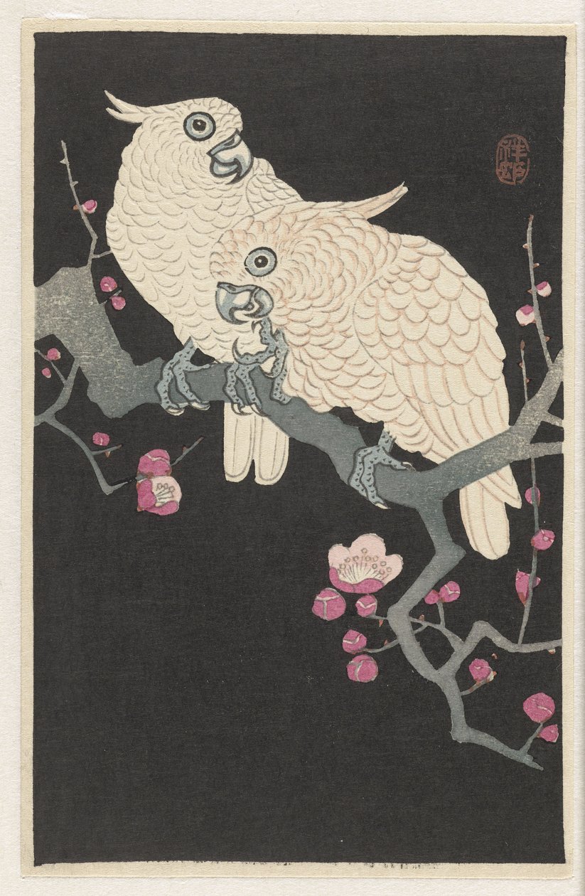 二羽のオウムと梅の花 作： 大原光子