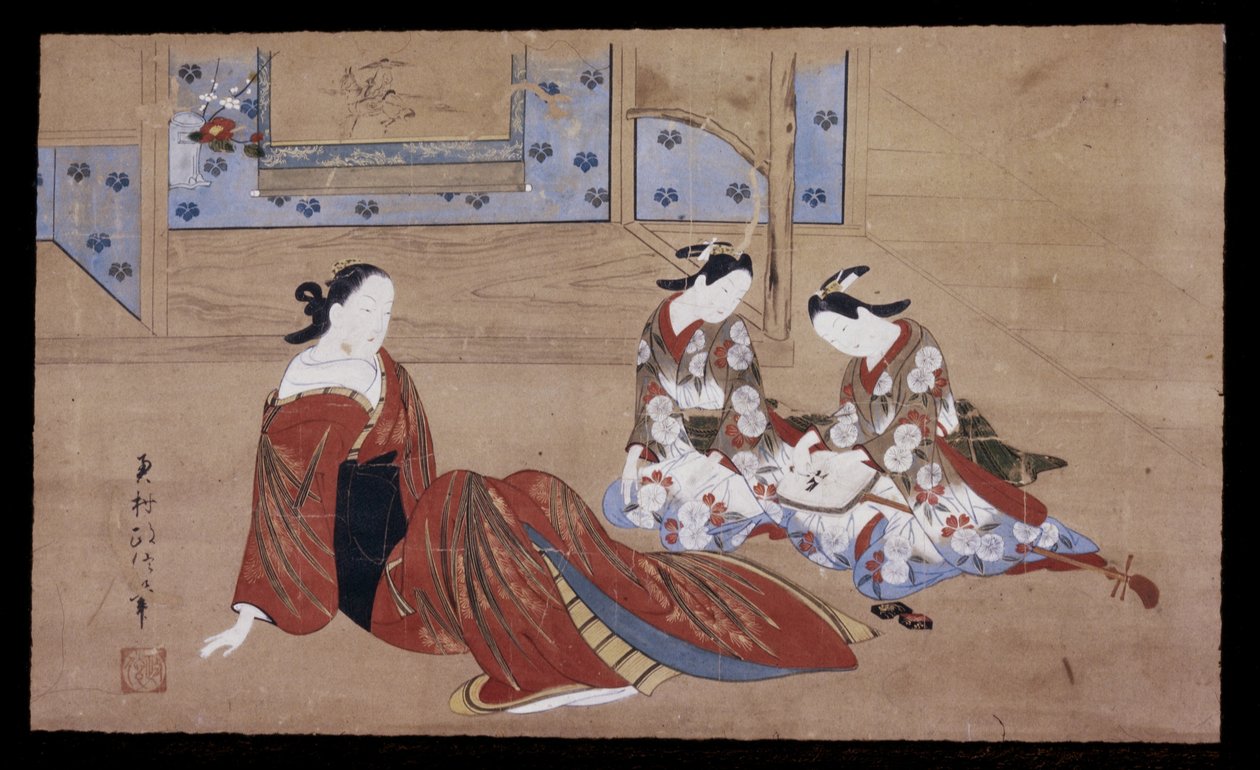 Nikuhitsu ukiyo-e：遊女と二人の出席者、c。 1735年（紙にインク、色、gofun） 作： 奥村正信