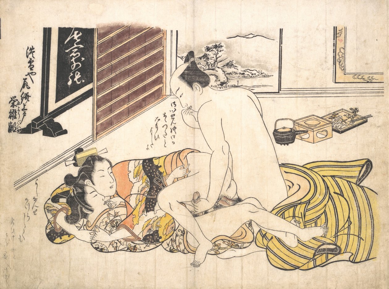 寝室のシーン、カリフォルニア州。 1739年頃。 1739年。 作： 奥村正信