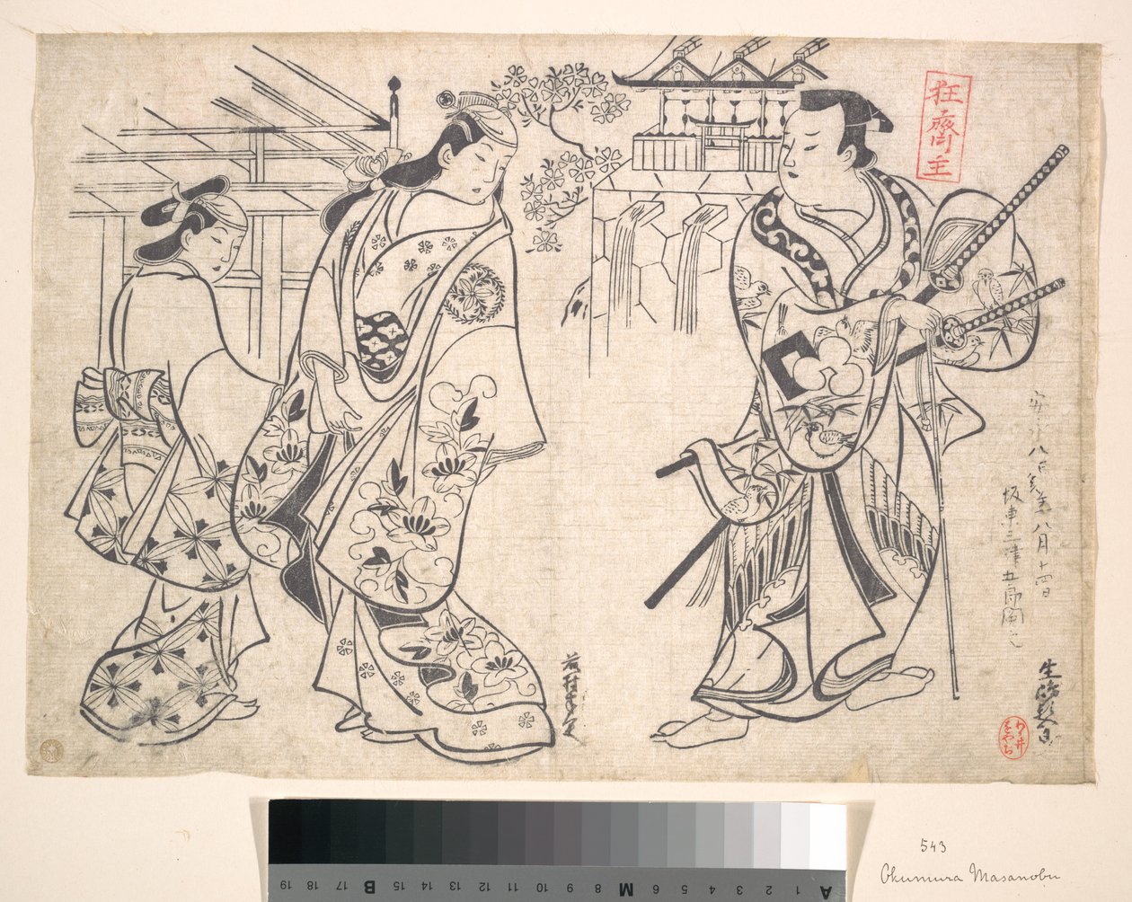 武士（侍）に扮する生島新五郎と、少女の侍女を伴う女性に扮する荻野八重桐 作： 奥村正信