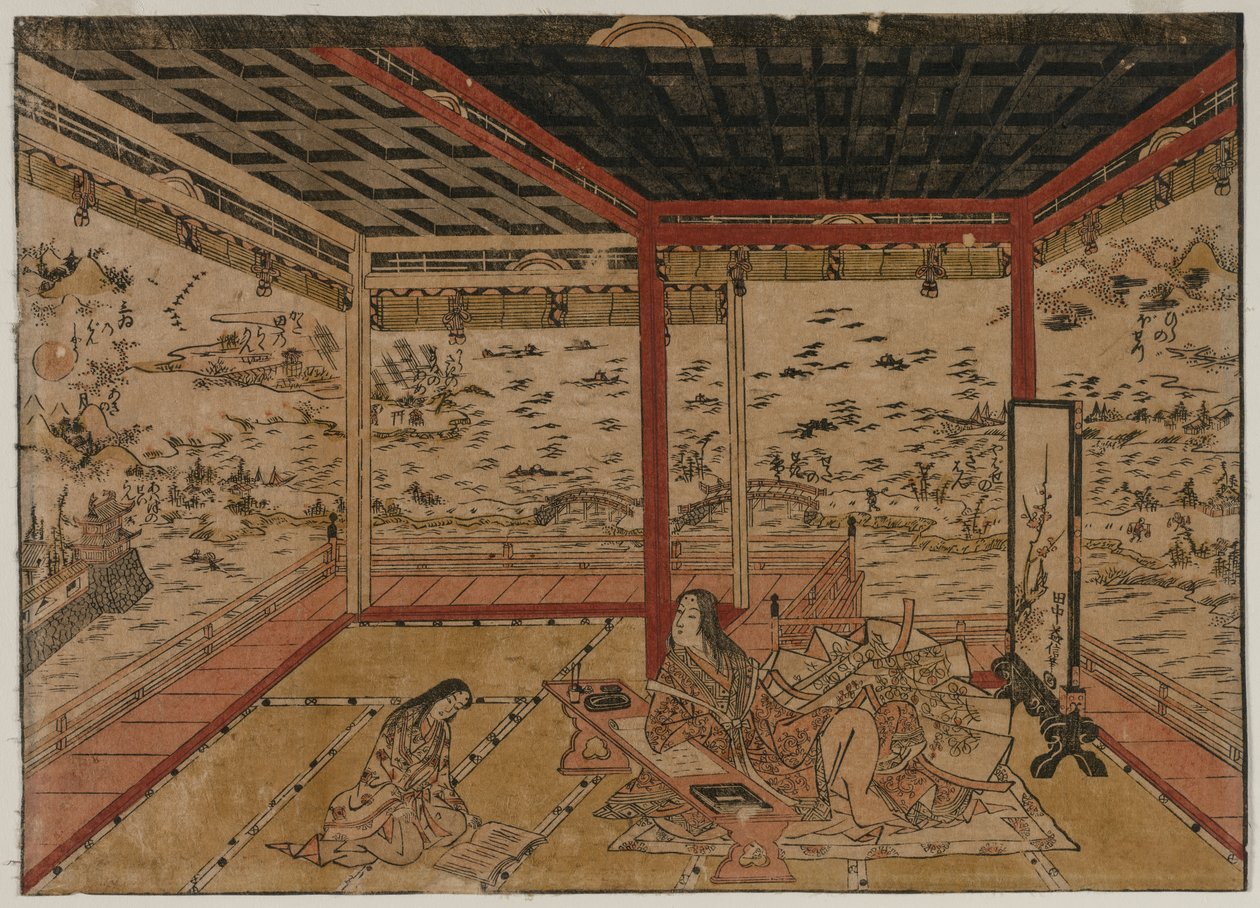 1740年代、琵琶湖の7つの景色を望むパノラマを一望する石山の紫婦人。 作： 奥村正信
