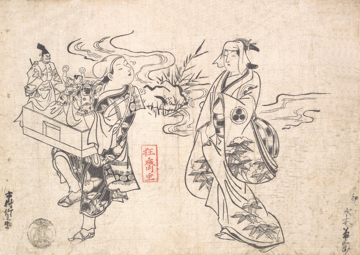水木菊三郎の小川のそばに立ち、流浪を見つめる女……おそらく1709年。 作： 奥村正信