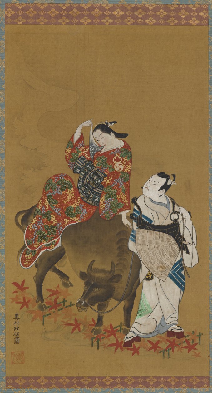水牛に乗った花魁と旅の僧侶の役を演じる 2 人の歌舞伎役者、1686 年～1764 年。 作： 奥村正信