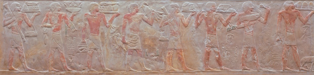 Ny-Ank-Nesut の墓からの奉納者の行列のレリーフ、紀元前 2575 年から 2134 年 (塗られた石灰岩) 作： 古王国エジプト人
