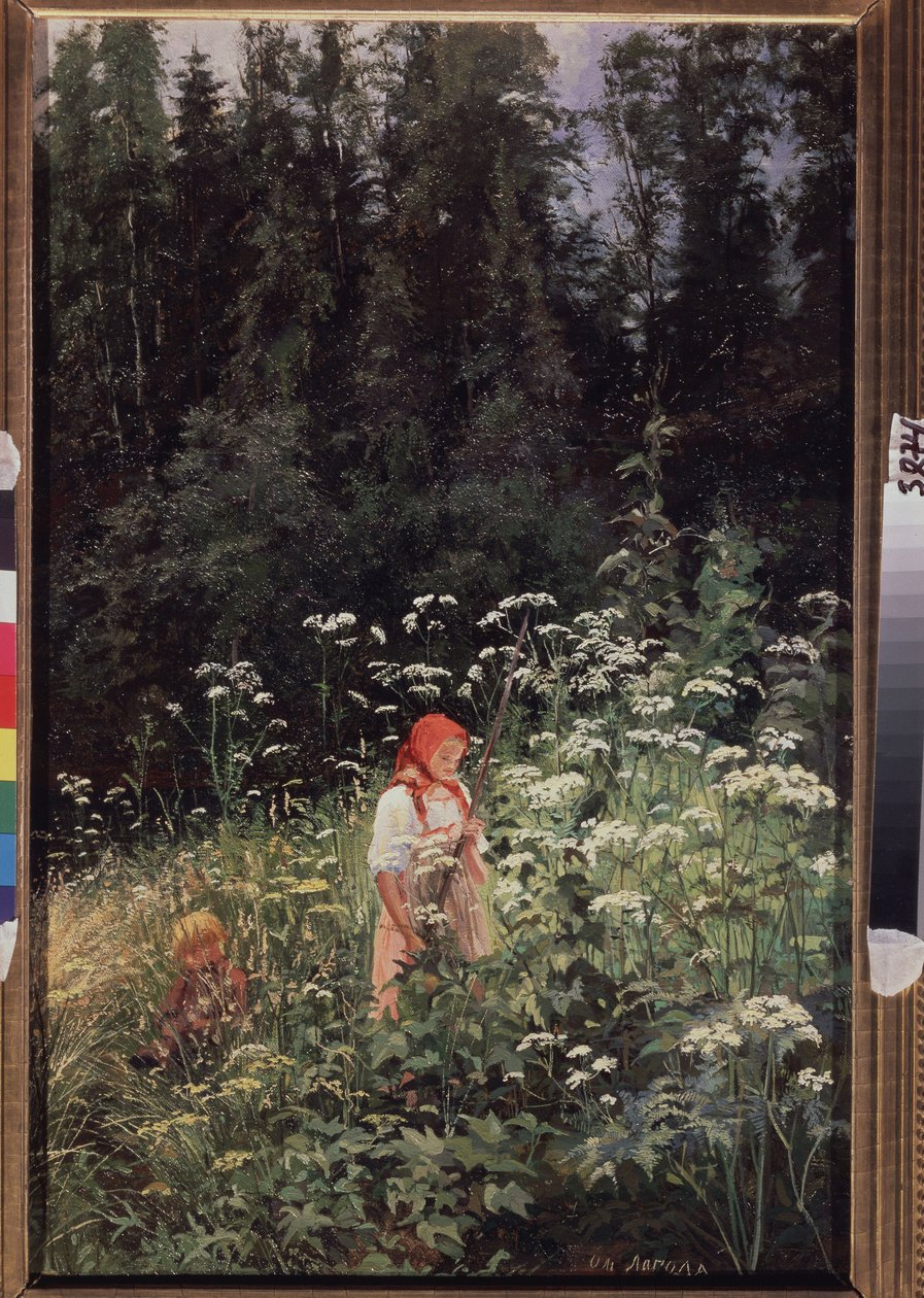 草むらの前の女の子 (Girl at a Tuft of Grass)。 Olga Antonovna Lagoda Shishkina（1850-1881）による絵画、キャンバスに油彩 作： オルガ・アントノバ・ラゴダ・シシキナ