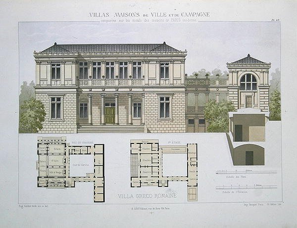 パリで出版された「Villas, Maisons de Ville et de Campagne」のプレート49にウォルターが彫った「Villa Greco Romaine」（カラーリトグラフ） 作： オリーブ（後）