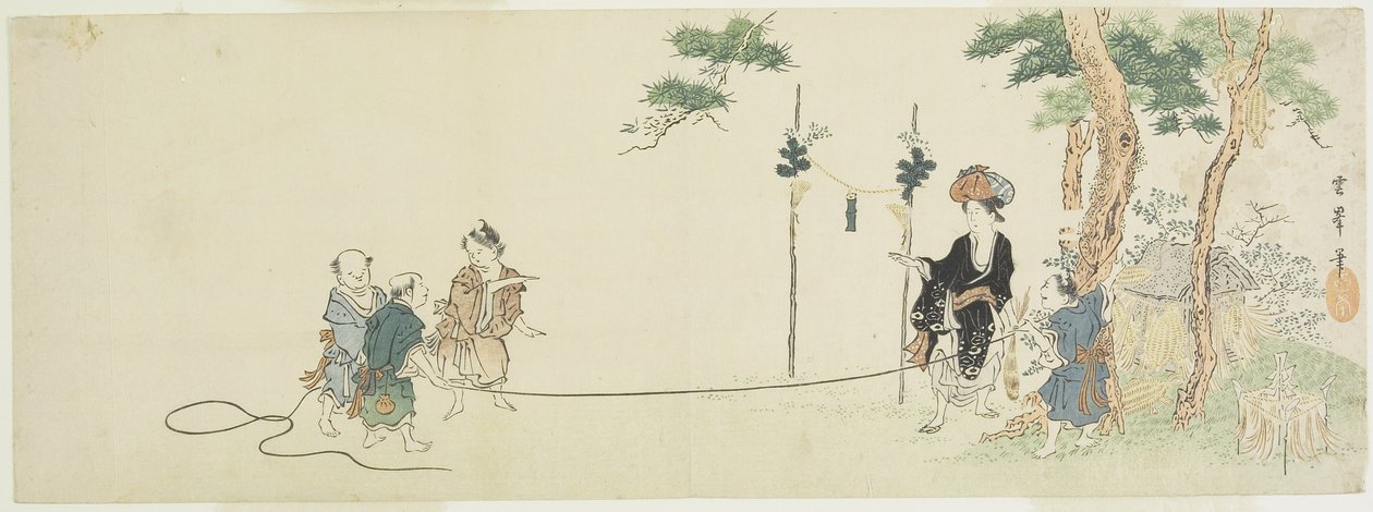 19世紀初頭、女性とゲームをしている子供たち（色の木版画） 作： 大岡うんぽ大岡うんぽ