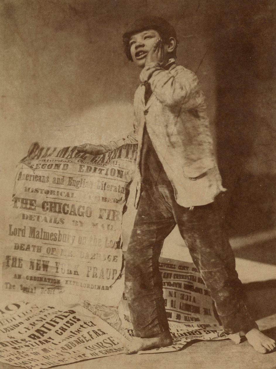 1871年、1871年のシカゴ火災のニュースを叫ぶ新聞配達人のポーズをとった画像 作： オスカー・グスタフ・レイランダー