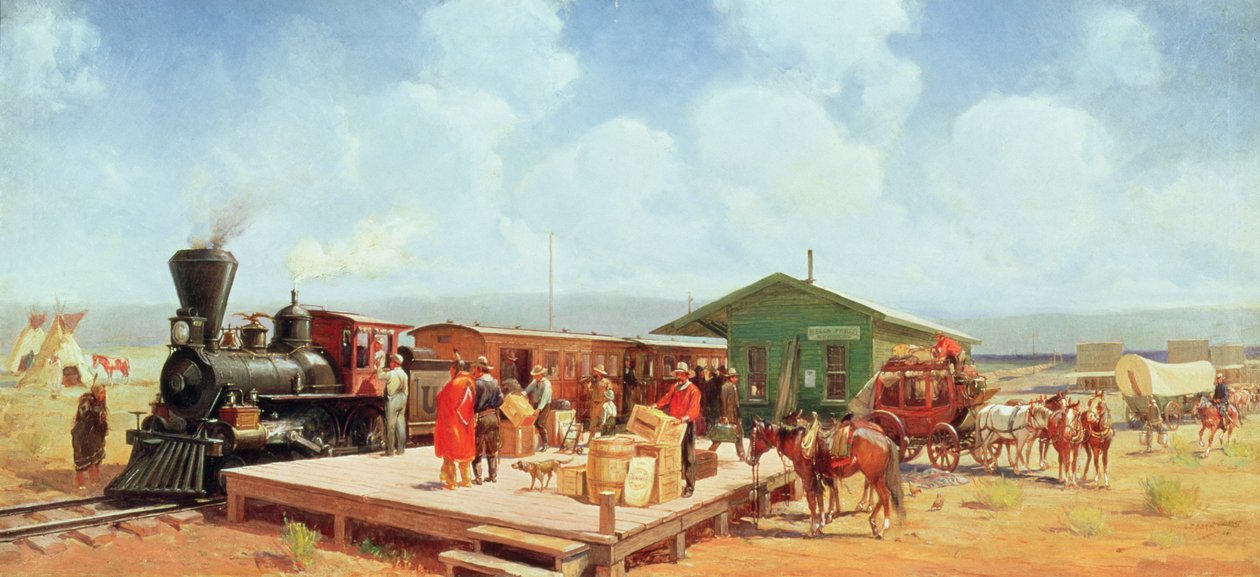 西部鉄道駅、フロンティアデイズ、1901年頃（キャンバスに油彩） 作： オスカー・エドワード・バーニングハウス