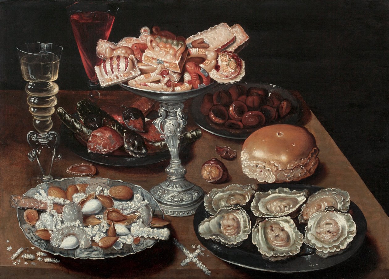 アーモンド、カキ、お菓子、栗、ワイン、木製のテーブル、c.1605-30 作： Osias the Elder Beert