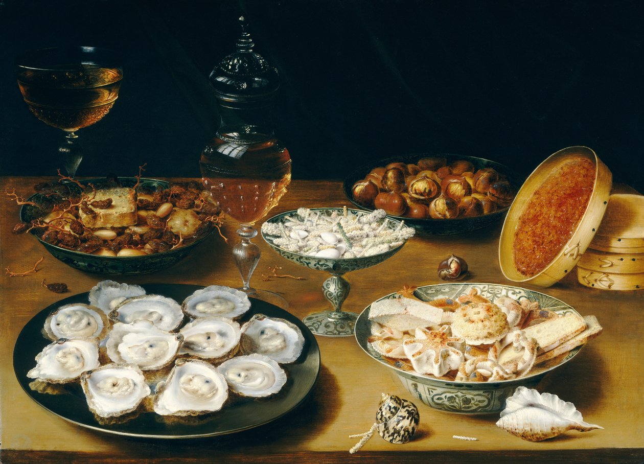 牡蠣、果物、ワインを使った料理、c.1620-25（パネルに油彩） 作： Osias the Elder Beert