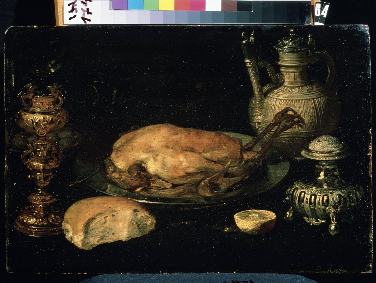 「チキン、レモン、パン、銀器、オイルランプの静物画」（静物画） Osias Beert the Elder (1580-1624) 作 17世紀 ミハイル・クロシツキー美術館、セヴァストポリ (セヴァストポリ) ウクライナ 作： Osias the Elder Beert