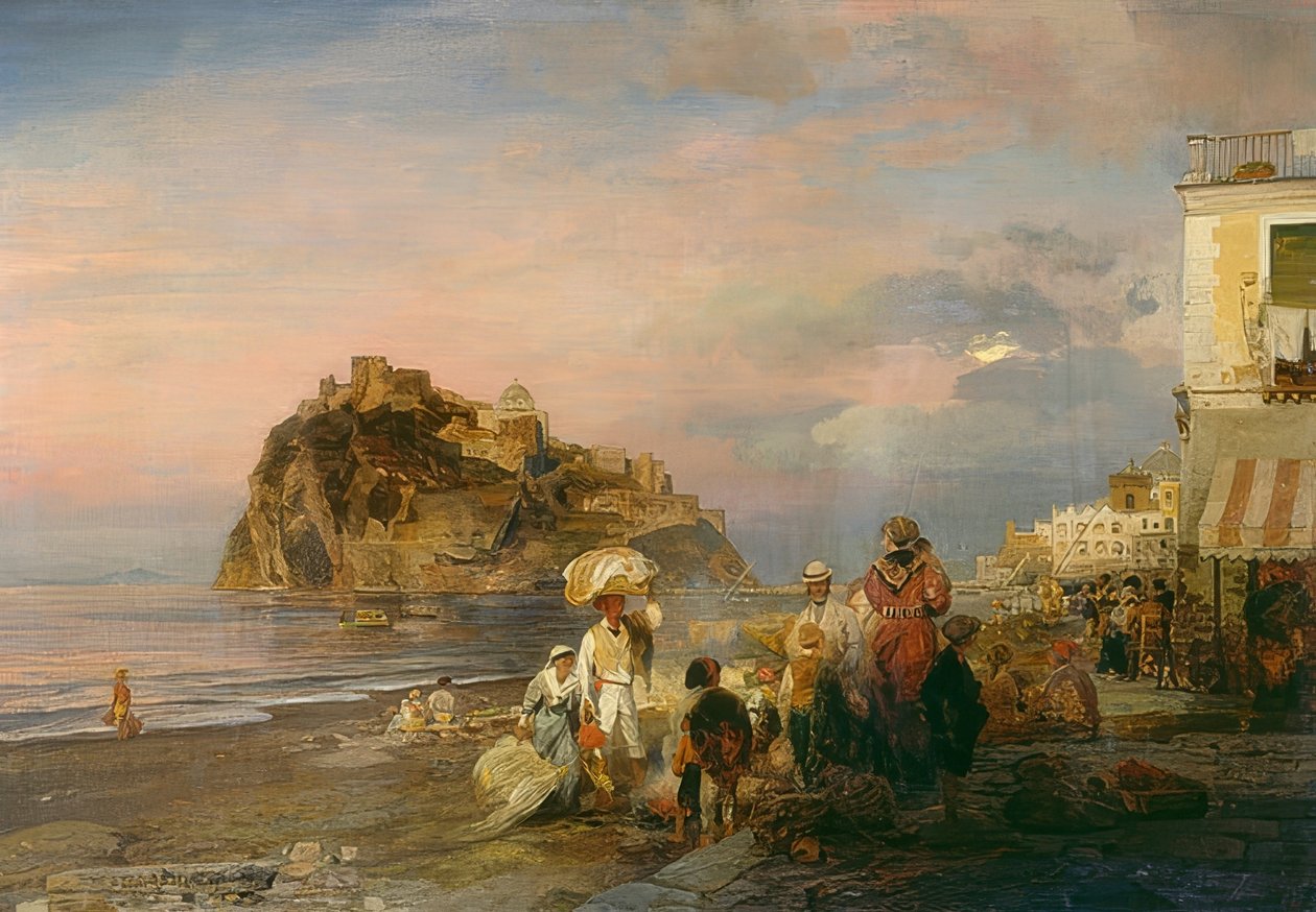 イスキアのイブニングビーチ。 1879 作： オズワルド・アッヘンバッハ