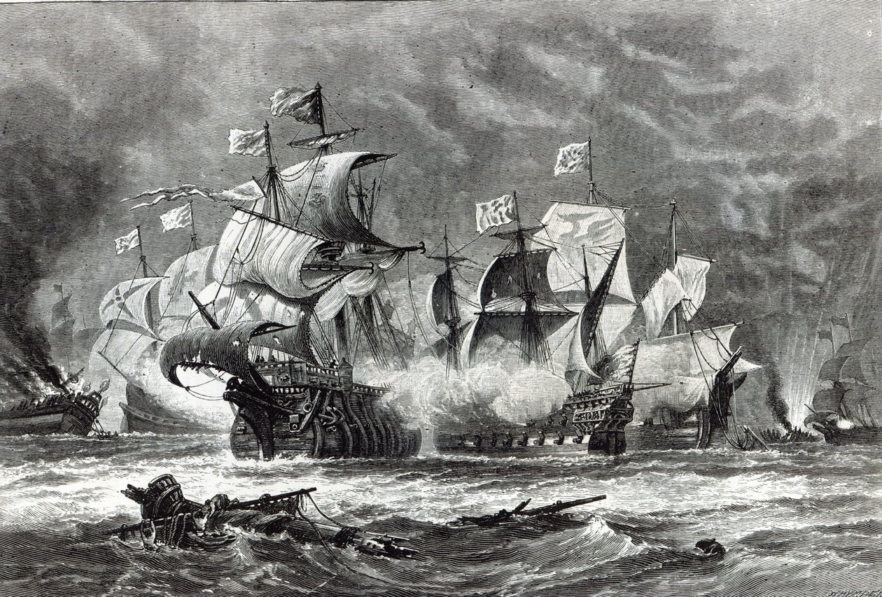 ウィリアムウィンター卿の下で、1888年の「レジャーアワー」からスペイン軍艦隊と交戦するヴァンガード 作： オズワルドウォルターズブライアリー