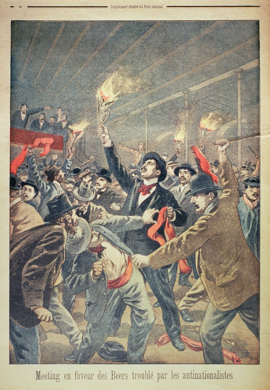 反国家主義者によって破壊されたボーア人に有利な会議、ルプティジャーナルのイラスト、c.1899 作： オズワルド・トファニ