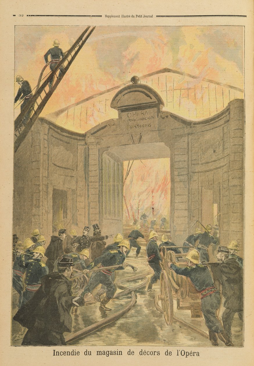 1894年1月22日の「ルプチジャーナル」からのパリオペラ座のドックでの火 作： オズワルド・トファニ