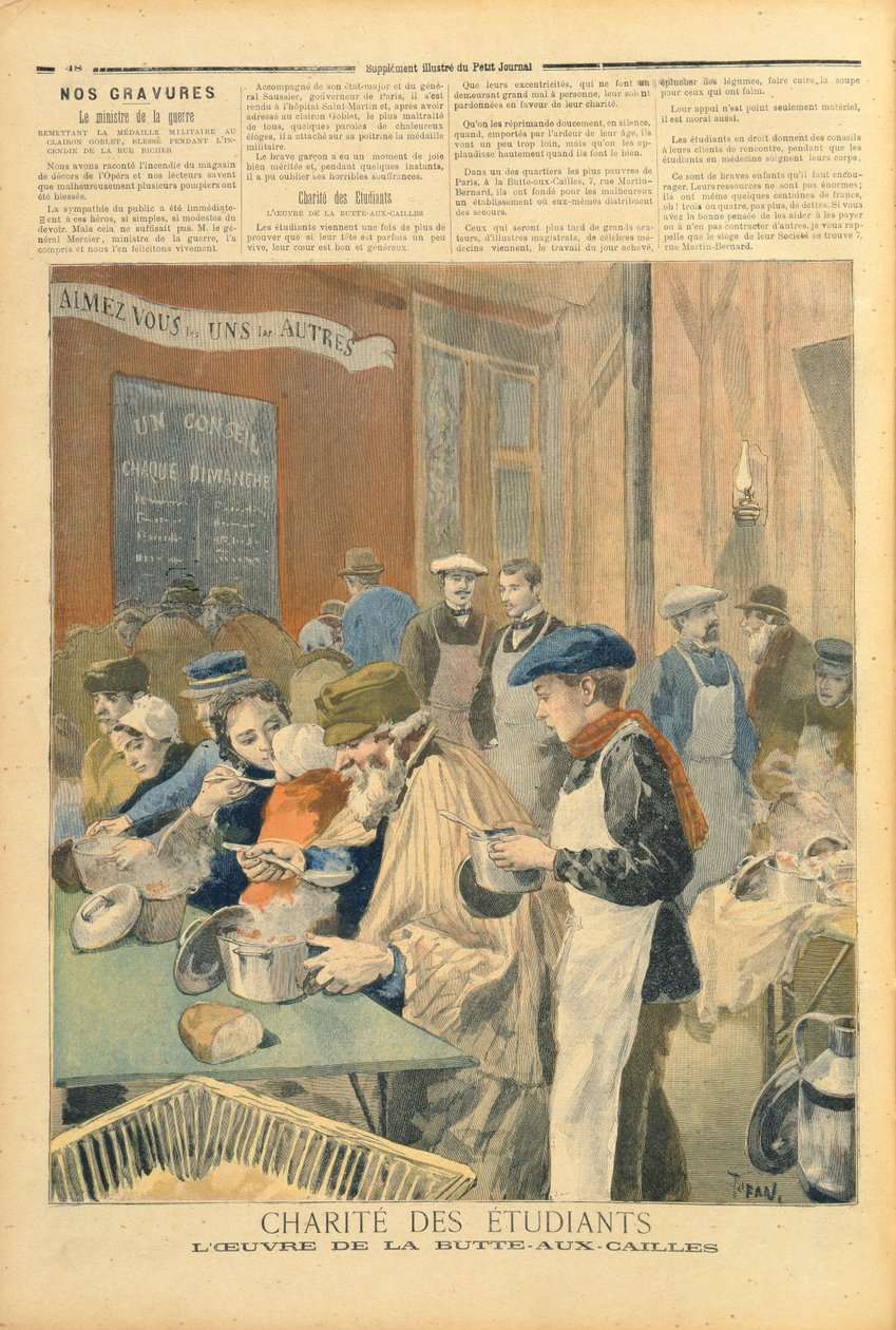 学生の慈善活動：1894年2月5日、「Le Petit Journal」より、ビュートオカイユのスープキッチン 作： オズワルド・トファニ