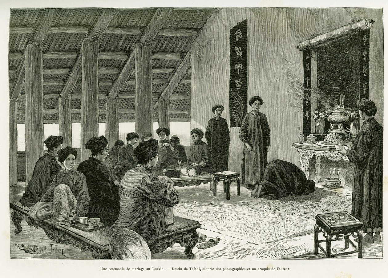トンキンでの結婚式の様子。エドワード・シャルトン（1807-1890）の指揮の下、ポール・オカール博士が1884年に発表した「Tente mois au Tonkin」の物語を説明するために、トファーニが描いた版画。 作： オズワルド・トファニ