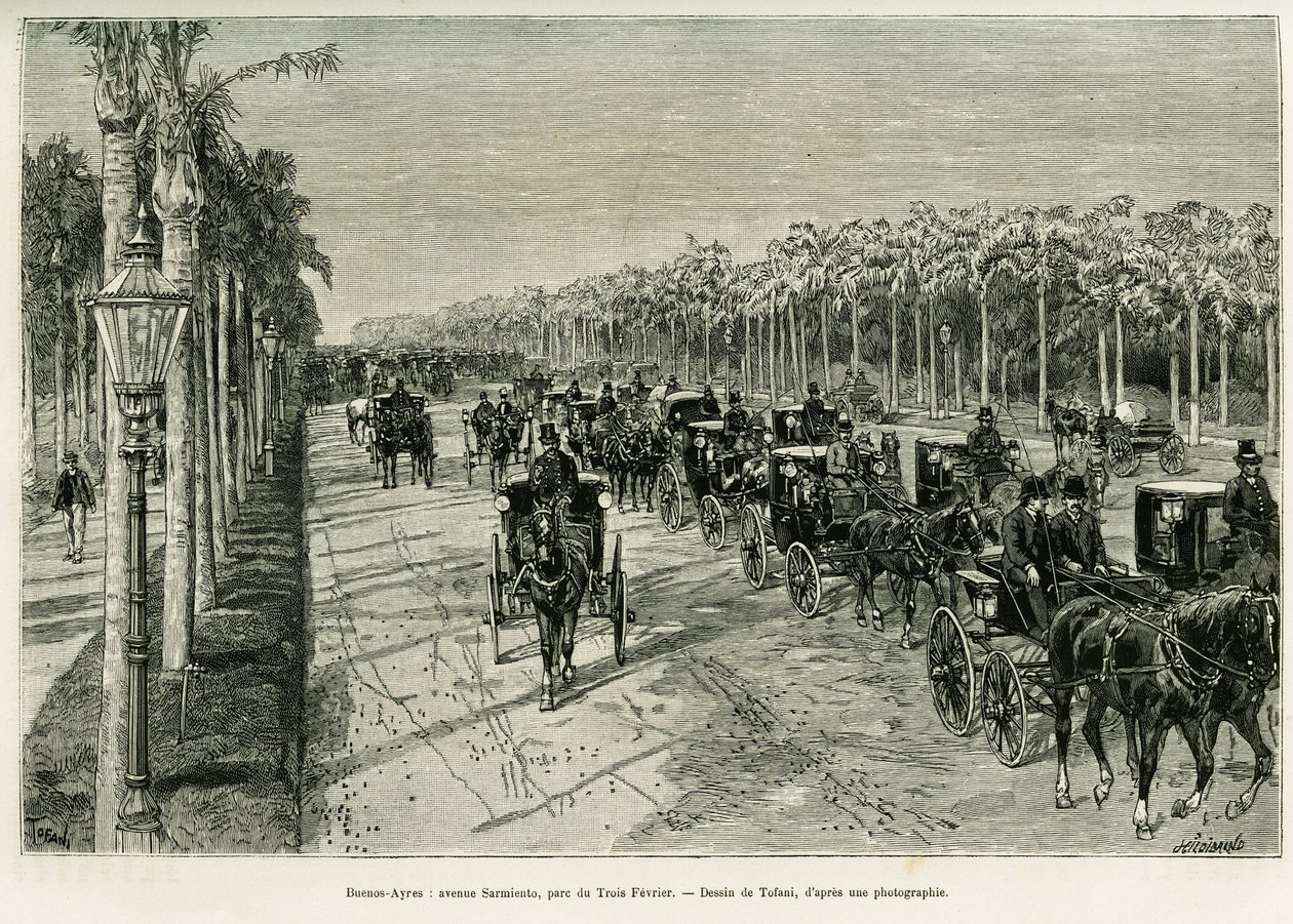 ブエノスアイレス、サルミエント通り、三月公園。1886年にエミール・ダローが書いた「Voyage a la Plata」という物語を説明するためにトファーニが描いたもので、1888年にエドゥアール・シャルトン（1807-1890）が監督した「le tour du monde」に収録されています。 作： オズワルド・トファニ
