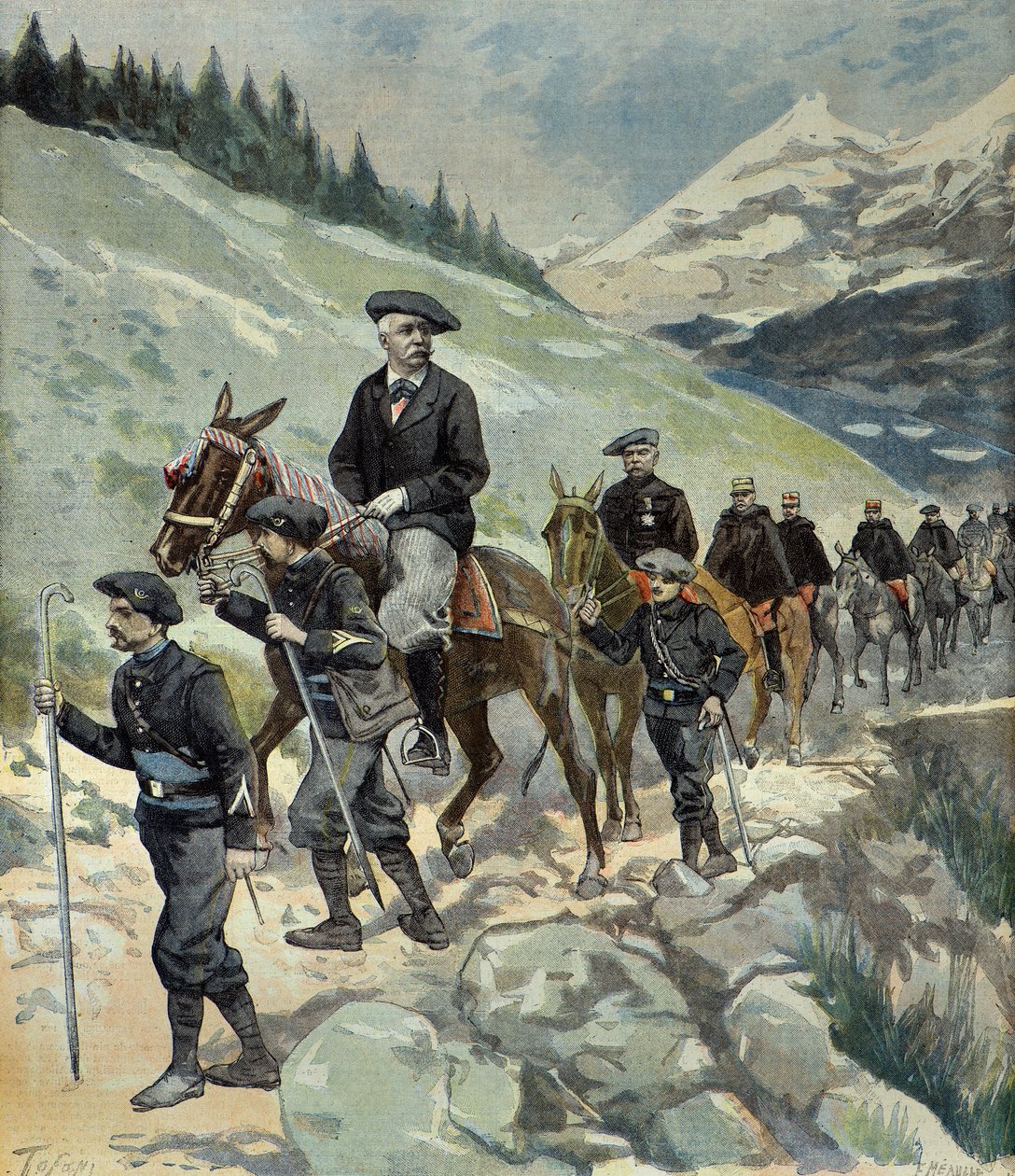 1897年、アルプスを旅したフェリックス・フォールとアルプスの猟師たち（エングレーヴィング） 作： オズワルド・トファニ