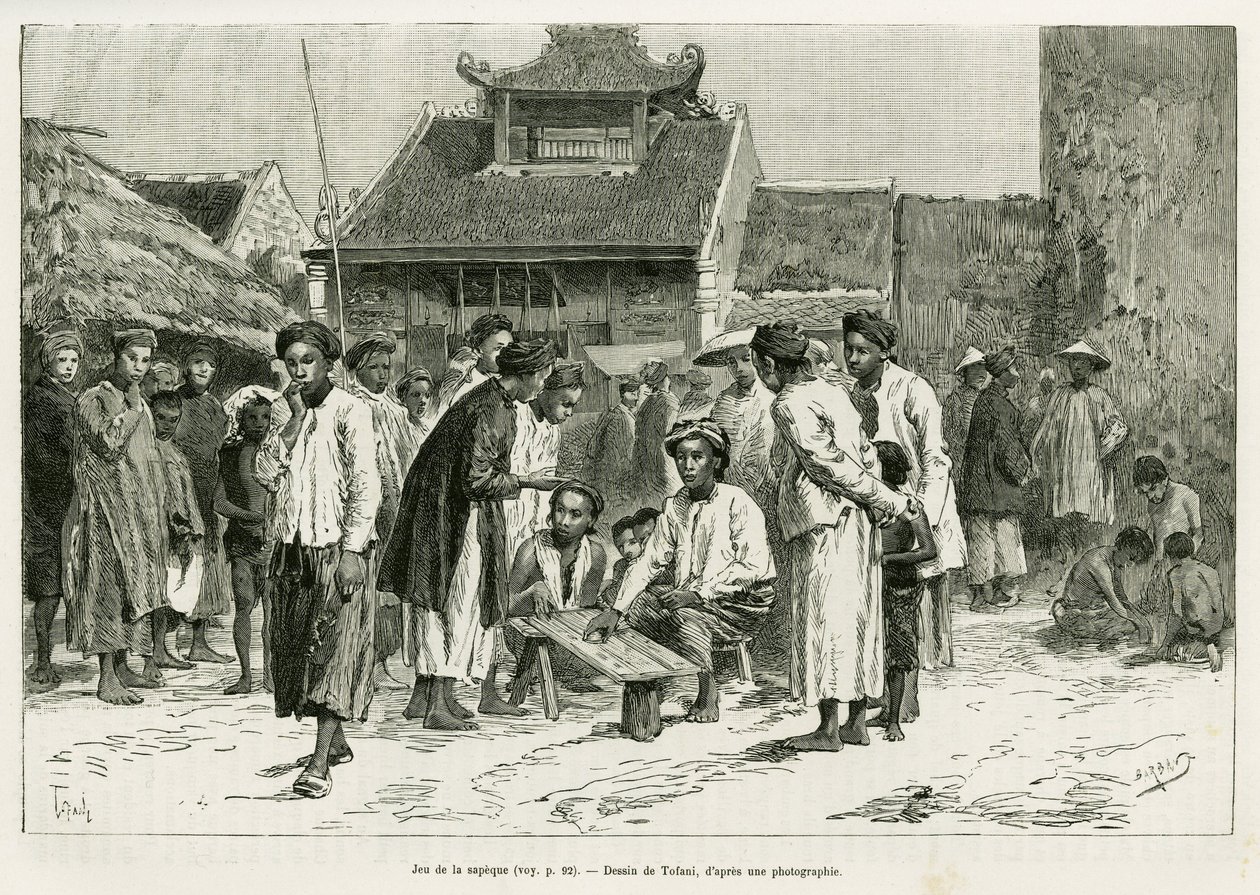 サペックのゲーム。エドワード・シャルトン（1807-1890）の指導の下、1884年にポール・オカール博士が書いた「トンキンでの3時間の出来事」を説明するために、トファーニが描いた版画。 作： オズワルド・トファニ