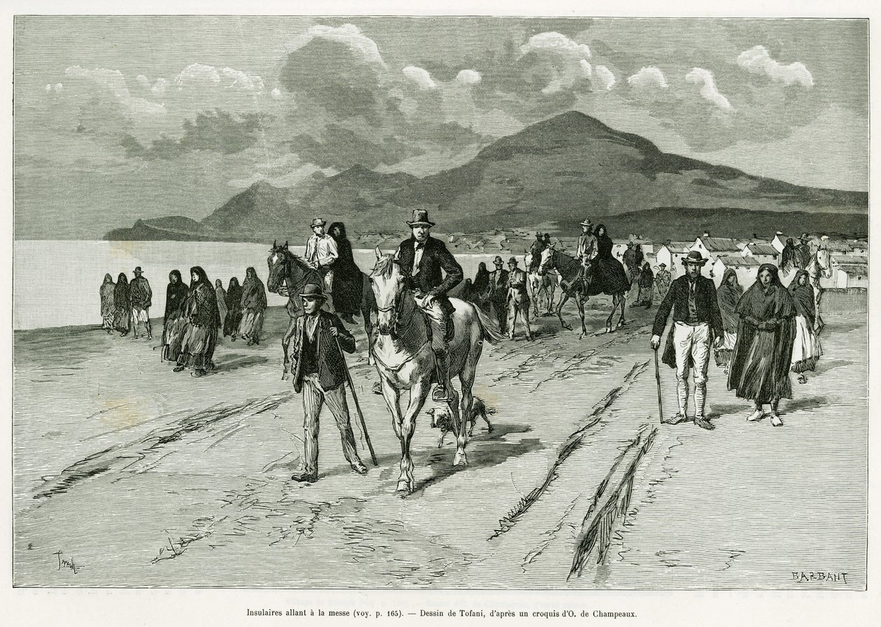 ミサに参加する島民。1889年にマリー・アンヌ・ドゥ・ボヴェが描いた『Trois mois en Irlande』の挿絵をトファーニが描いたもので、エドゥアール・シャルトン（1807-1890）監督の『le tour du monde 1890』に収録されている。 作： オズワルド・トファニ