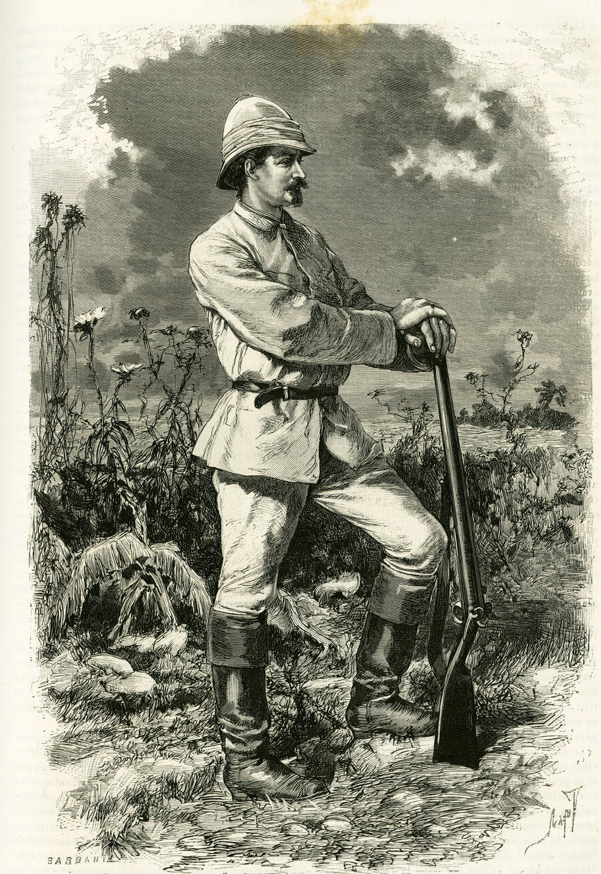 エミール・ホルブ博士（1847-1902）が1875年から1879年にかけて執筆した物語 "Au pays des Marutses "を説明するための、探検服を着たエミール・ホルブ博士の肖像、Tofaniによるエングレーヴィング。Edouard Charton (1807-1890)編集のTour du monde, second semester 1883に掲載。 作： オズワルド・トファニ