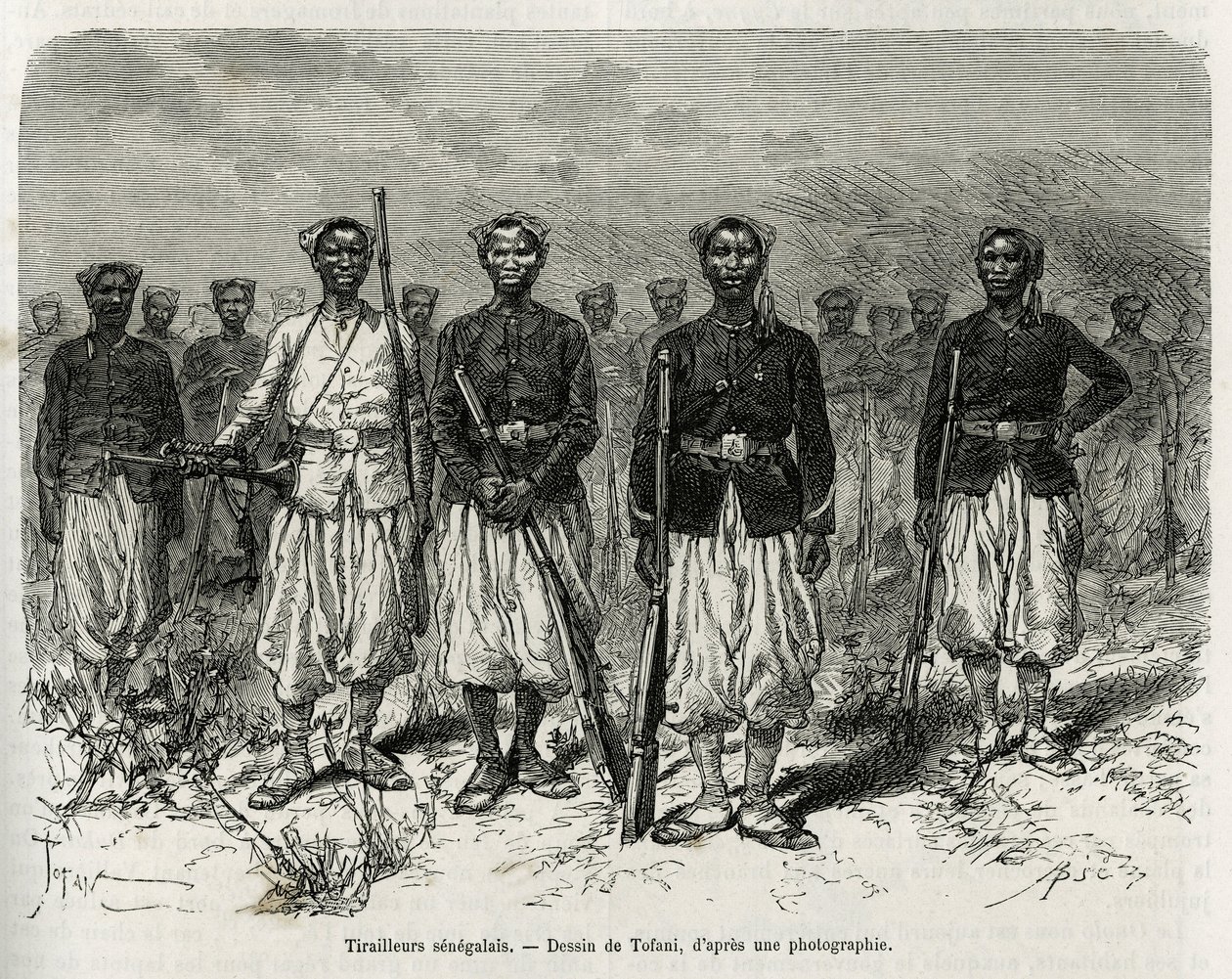 探検隊の護衛のセネガル人騎兵。1880年から1881年にかけて、海兵隊歩兵中佐ガリエニが行ったオー・ニジェールでの探検の物語を説明するために、トファーニが描いた版画。 作： オズワルド・トファニ