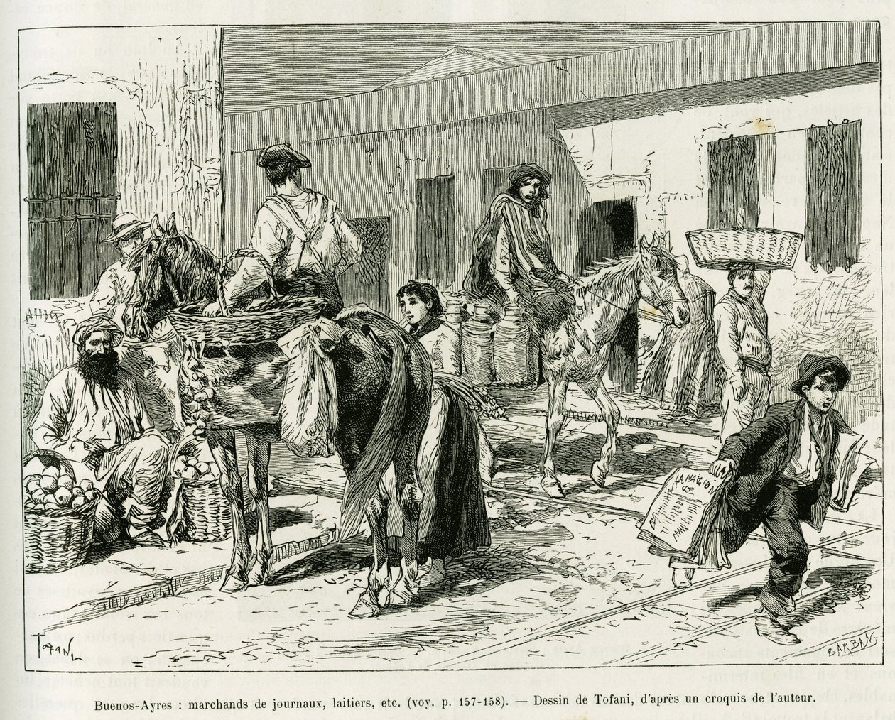 Kleine Geschäfte, Zeitungsverkäufer, Milchhändler, Obstverkäufer usw. in den Straßen von Buenos Aires (Argentinien). Gravur von Tofani zur Illustration der Geschichte Voyage a la Plata, drei Monate Urlaub von Emile Blaireaux 1886, in Le tour du monde 1887, von Oswaldo Tofani