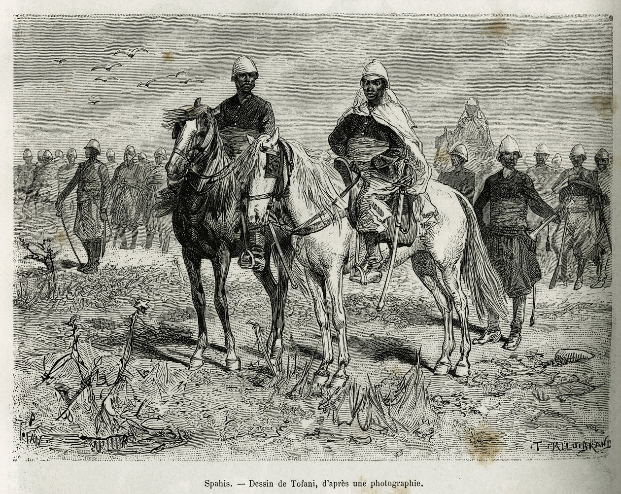 探検隊の護衛のスパイス。1880年から1881年にかけて海兵隊歩兵中佐ガリエニが行ったオー・ニジェールでの探検の物語を説明するためにトファーニが描いたもので、エドゥアール・シャルトン（1807-1890）の指揮の下、『Tour du monde』誌に掲載された。 作： オズワルド・トファニ