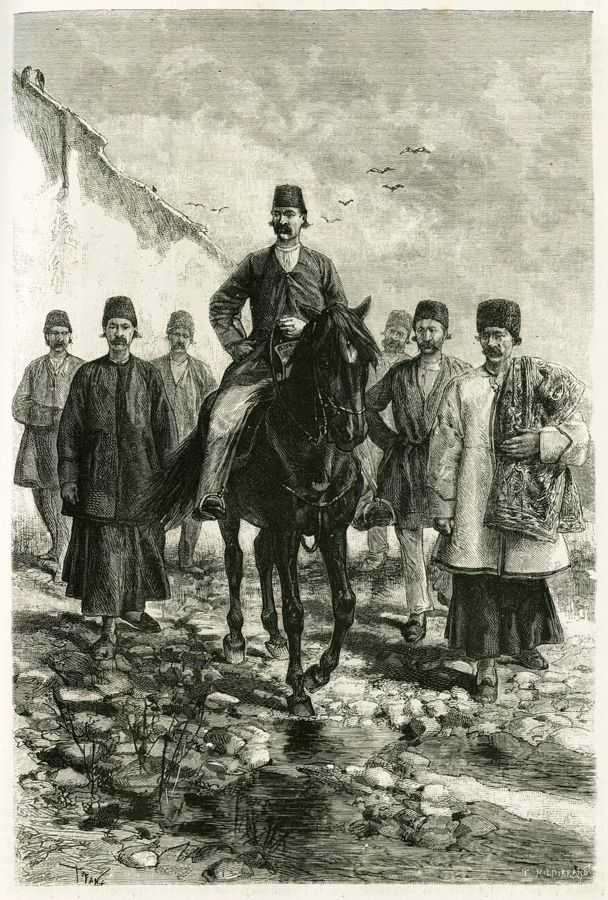 Der Gouverneur von Kachan (oder Kashan, in der Provinz Teheran, dem heutigen Iran) reitet auf einem schwarzen Pferd und seine Gefolgschaft ist zu Fuß. Gravur von Tofani, nach einem Foto, um die Geschichte „Persien, Chaldäa und Susiane“ in 1881-1882 zu illu von Oswaldo Tofani