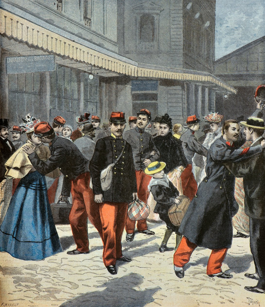 階級の帰還。兵役を終え、家族と再会する兵士たち 1897年（エングレーヴィング） 作： オズワルド・トファニ
