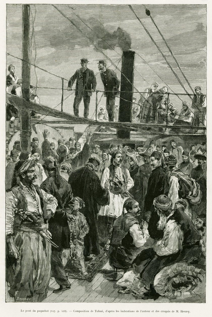 船の甲板の様子。1882年にポール・モンソーが描いた「Voyage en Thessalie」の挿絵をトファーニが描いたもので、エドゥアール・シャルトン（1807-1890）が監督した「le tour du monde 1887」に収録されている。 作： オズワルド・トファニ