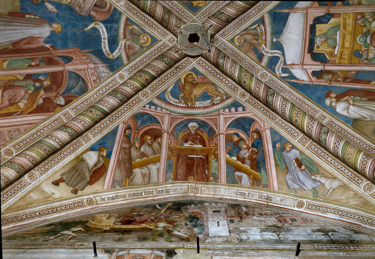 左側に座って7つのリベラルアーツを学ぶ聖アウグスティヌス(フレスコ 作： オッタヴィアーノネリ