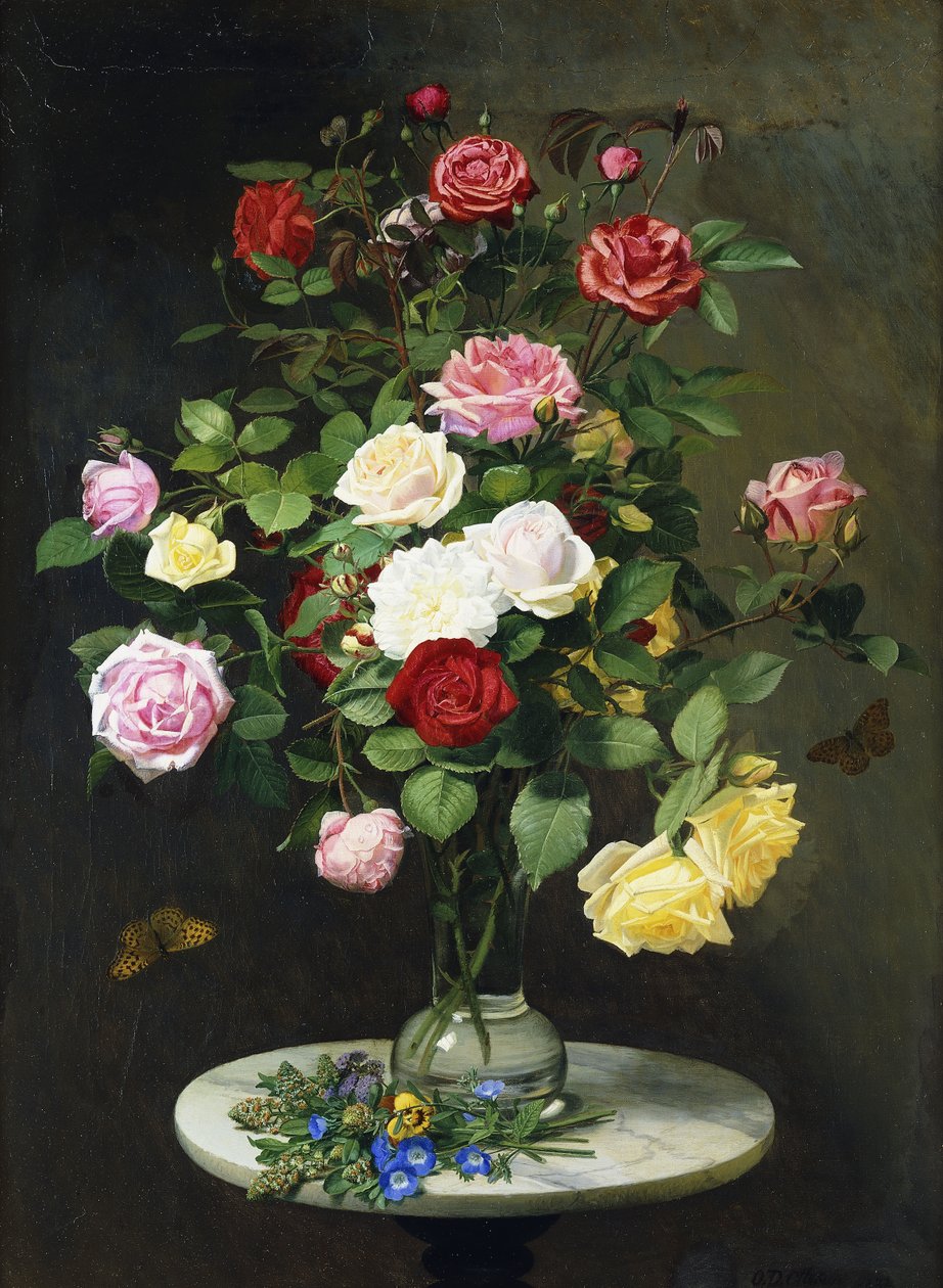 大理石のテーブルの野生の花によるガラス花瓶のバラの花束、1882 作： オットー・ディドリック・オッテセン