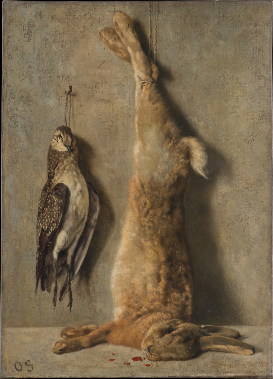 灰色の壁を背景にした、死んだ野ウサギとホロホロ鳥の静物画 作： オットー・ショルダー